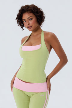 Cotton Layered Halter Tank With Built In Bra