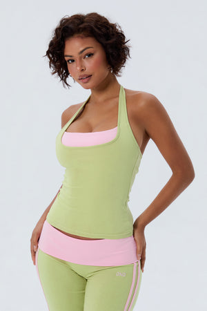 Cotton Layered Halter Tank With Built In Bra