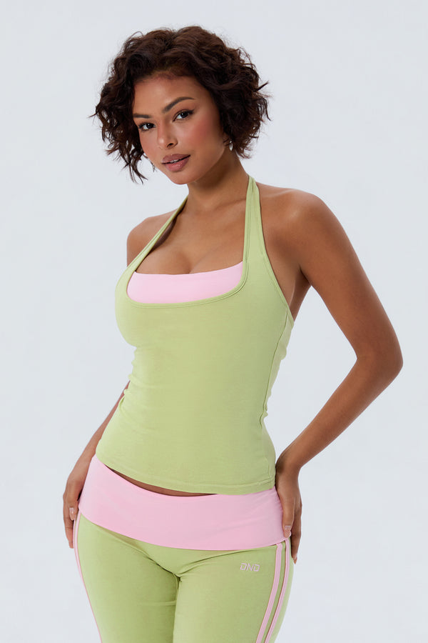 Cotton Layered Halter Tank With Built In Bra