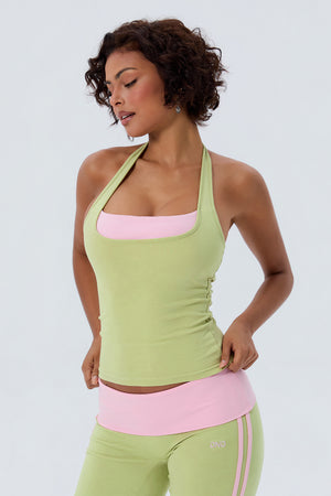Cotton Layered Halter Tank With Built In Bra