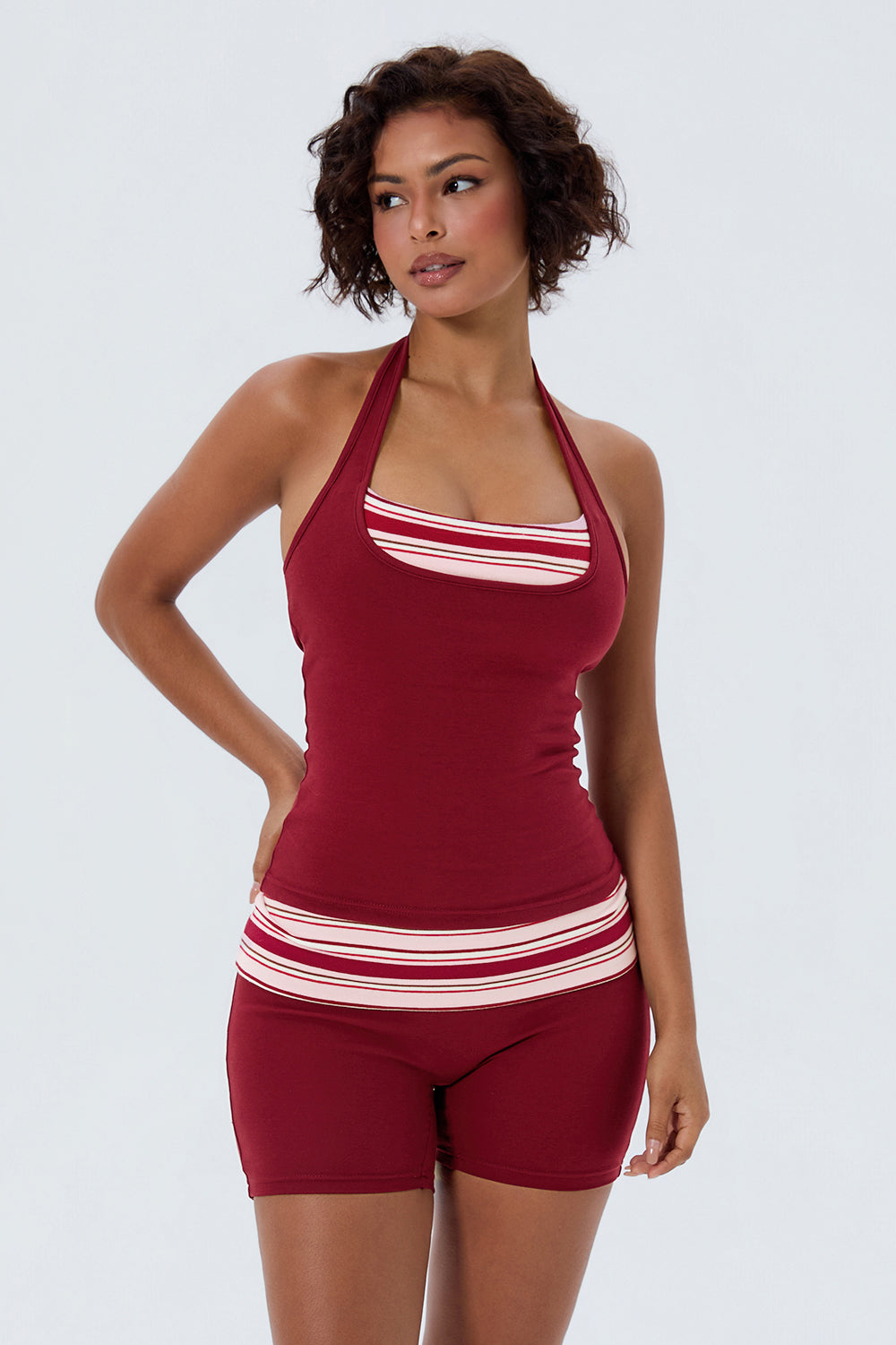Cotton Layered Halter Tank With Built In Bra
