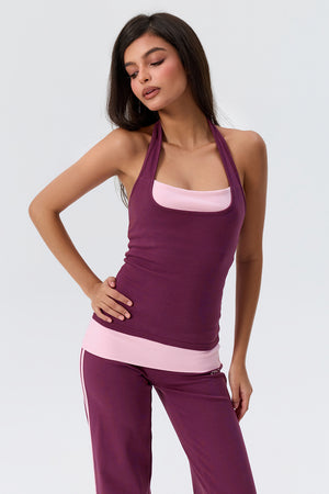 Cotton Layered Halter Tank With Built In Bra