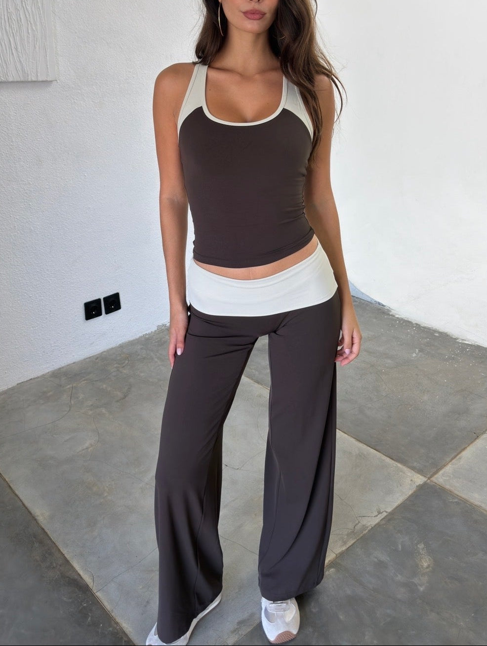 Two Tone Fold-over Straight-Leg Pants