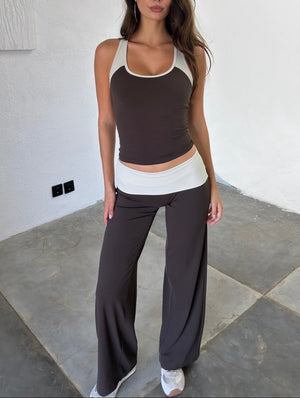 Two Tone Fold-over Straight-Leg Pants
